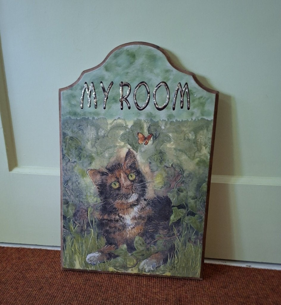 Houten wandbord 'My Room' met kattenafbeelding, Huis en Inrichting, Woonaccessoires | Wanddecoraties, Gebruikt, Hout, Meerkleurig