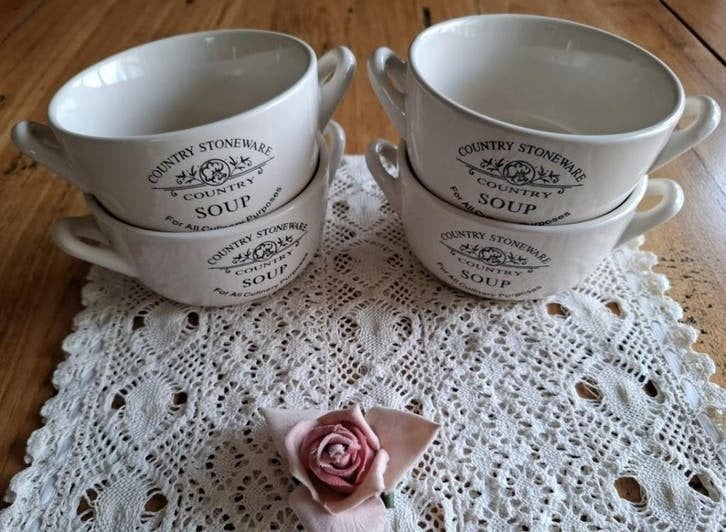 4 Country stoneware soepkommen, Huis en Inrichting, Gebruikt, -, -, Overige typen