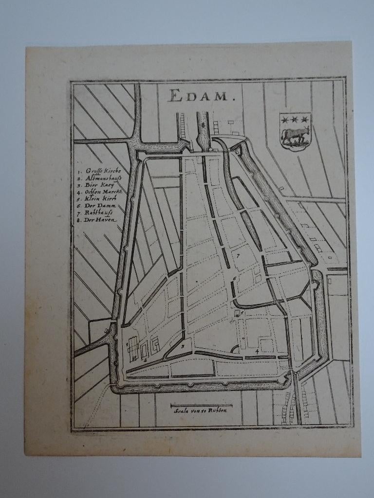 gravure plattegrond Edam, Caspar Merian, 1670, Antiek en Kunst, Verzenden, Cartografie, 1600 - 1699, Gravure