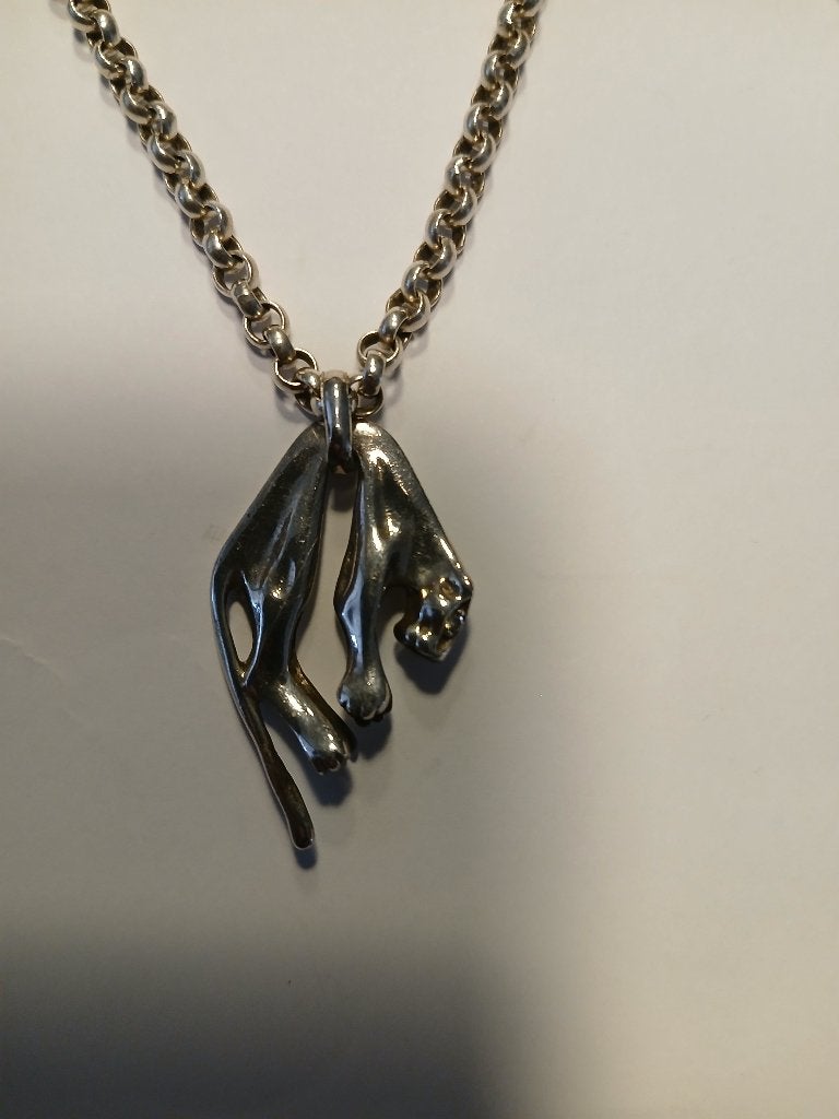 TE KOOP,  ECHTE ZILVEREN KETTING MET PANTER HANGER, 60 CM, Ophalen, Met hanger, Zo goed als nieuw, Zilver