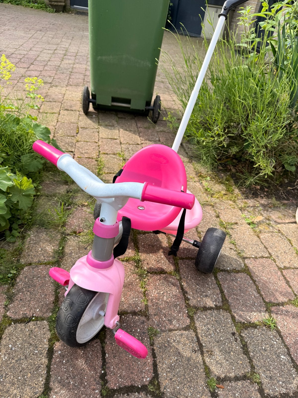 Roze driewieler met duwstang en mandje, Ophalen, Gebruikt, Loopvoertuig