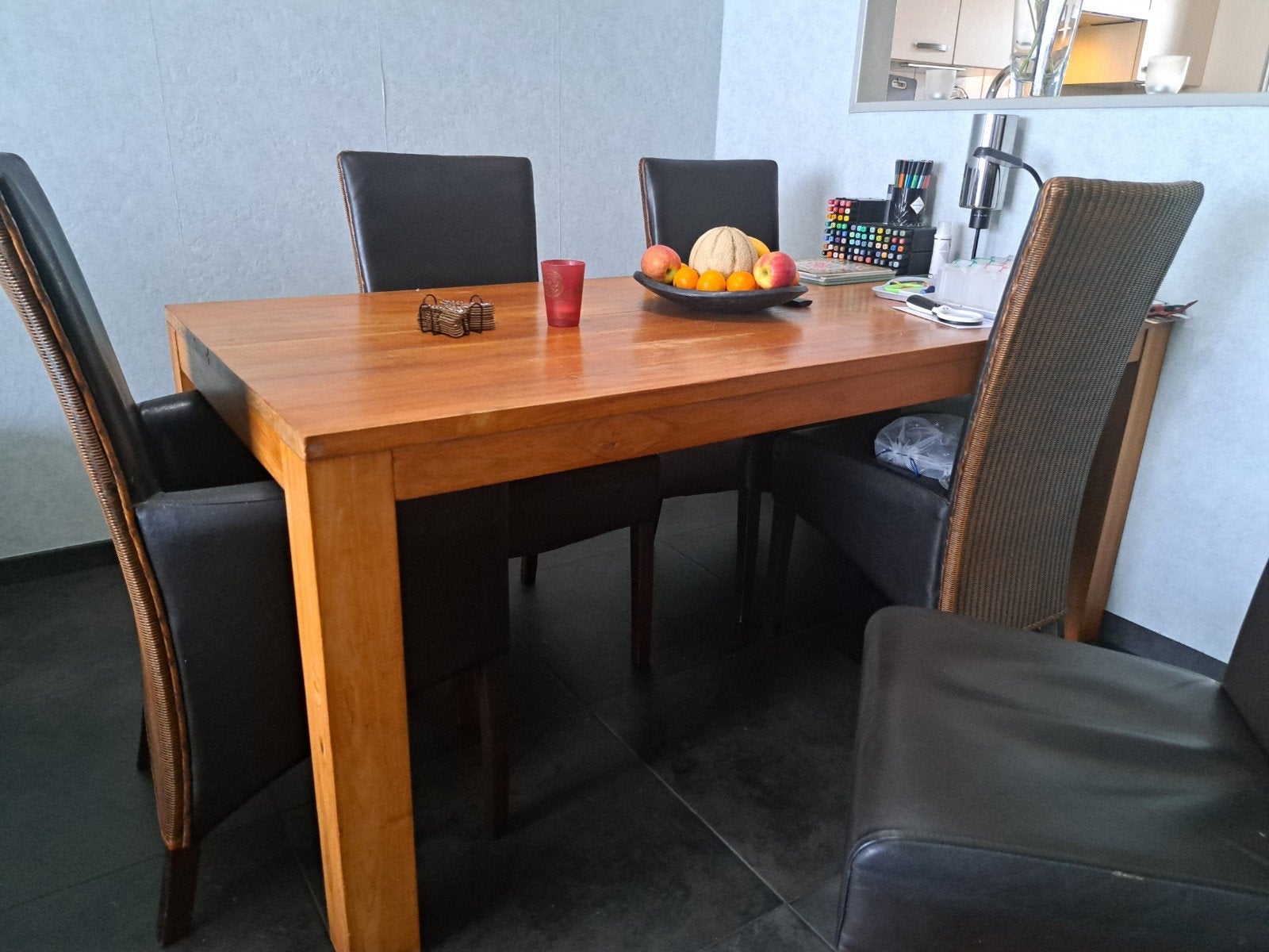 Teakhouten eettafel, 2 salontafels en 3 eetkamerstoelen, Gebruikt, Teakhout, 150 tot 200 cm, Vier personen