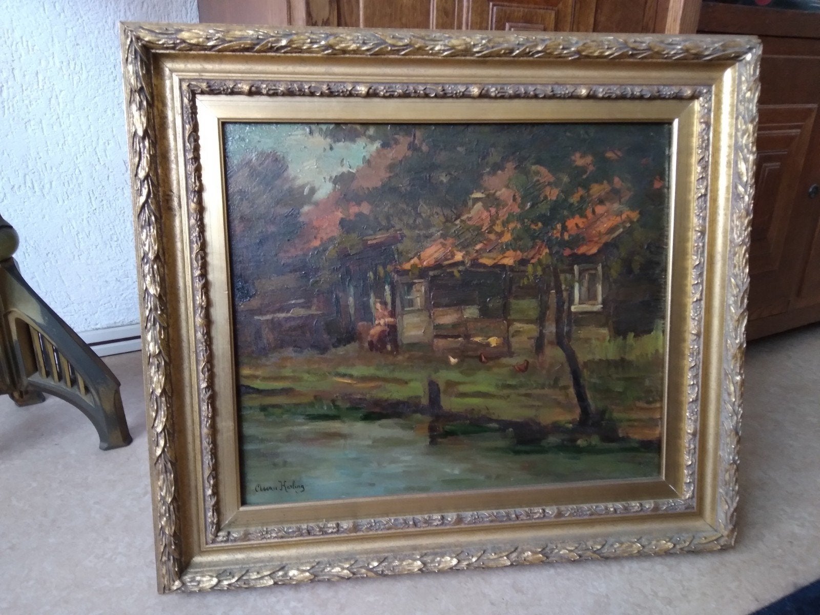 Boerderij  met vrouw en kippen, Antiek en Kunst, Ophalen of Verzenden
