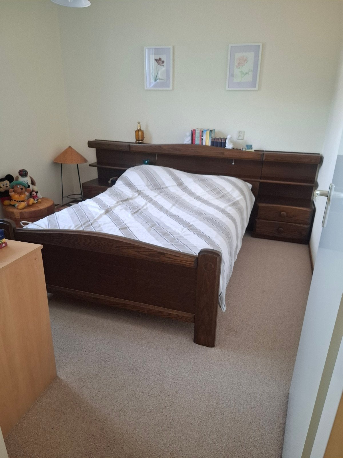 Tweepersoonsbed eiken met nachtkastjes, Ophalen, Gebruikt, Bruin, Klassiek