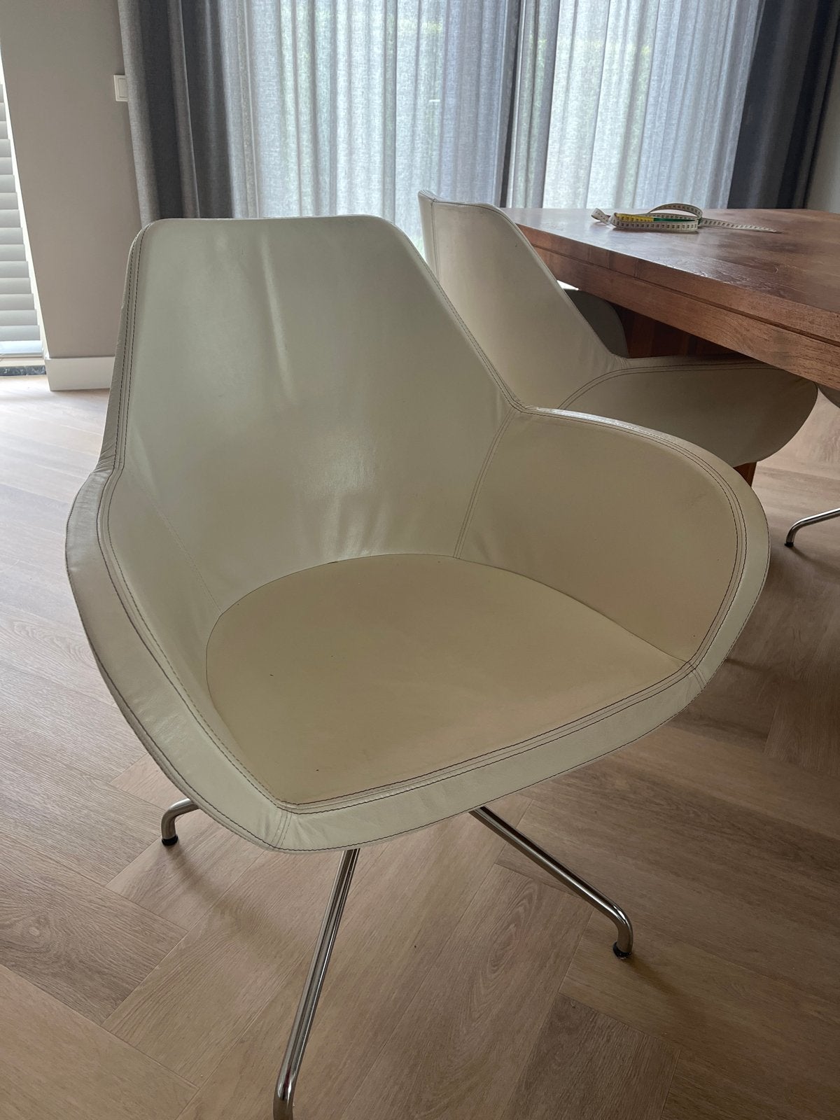 4 Ecru Leren Eetkamerstoelen - Hoog Zitcomfort, Huis en Inrichting, Stoelen, Ophalen, Gebruikt, Overige kleuren, Leer