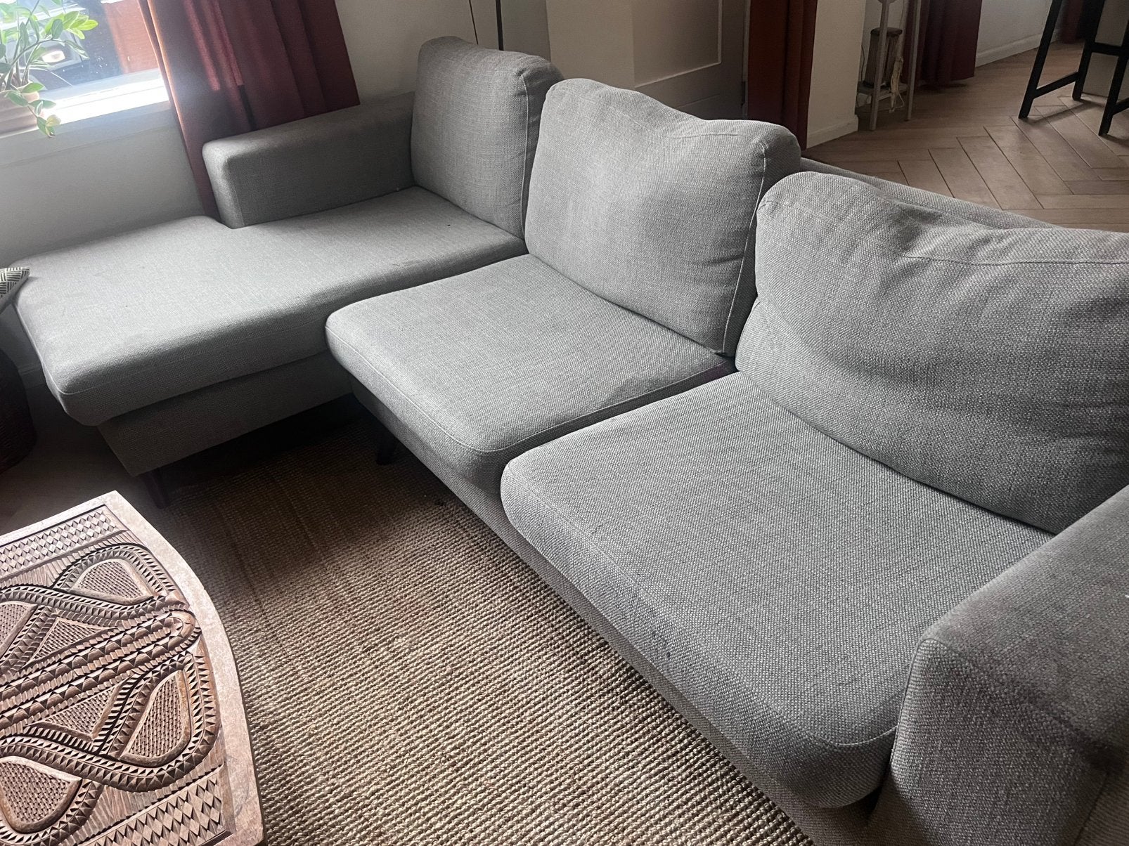 Grijze hoekbank met chaise longue Leen Bakker, Huis en Inrichting, Banken | Bankstellen, Ophalen, 250 tot 300 cm, Gebruikt, 100 tot 125 cm