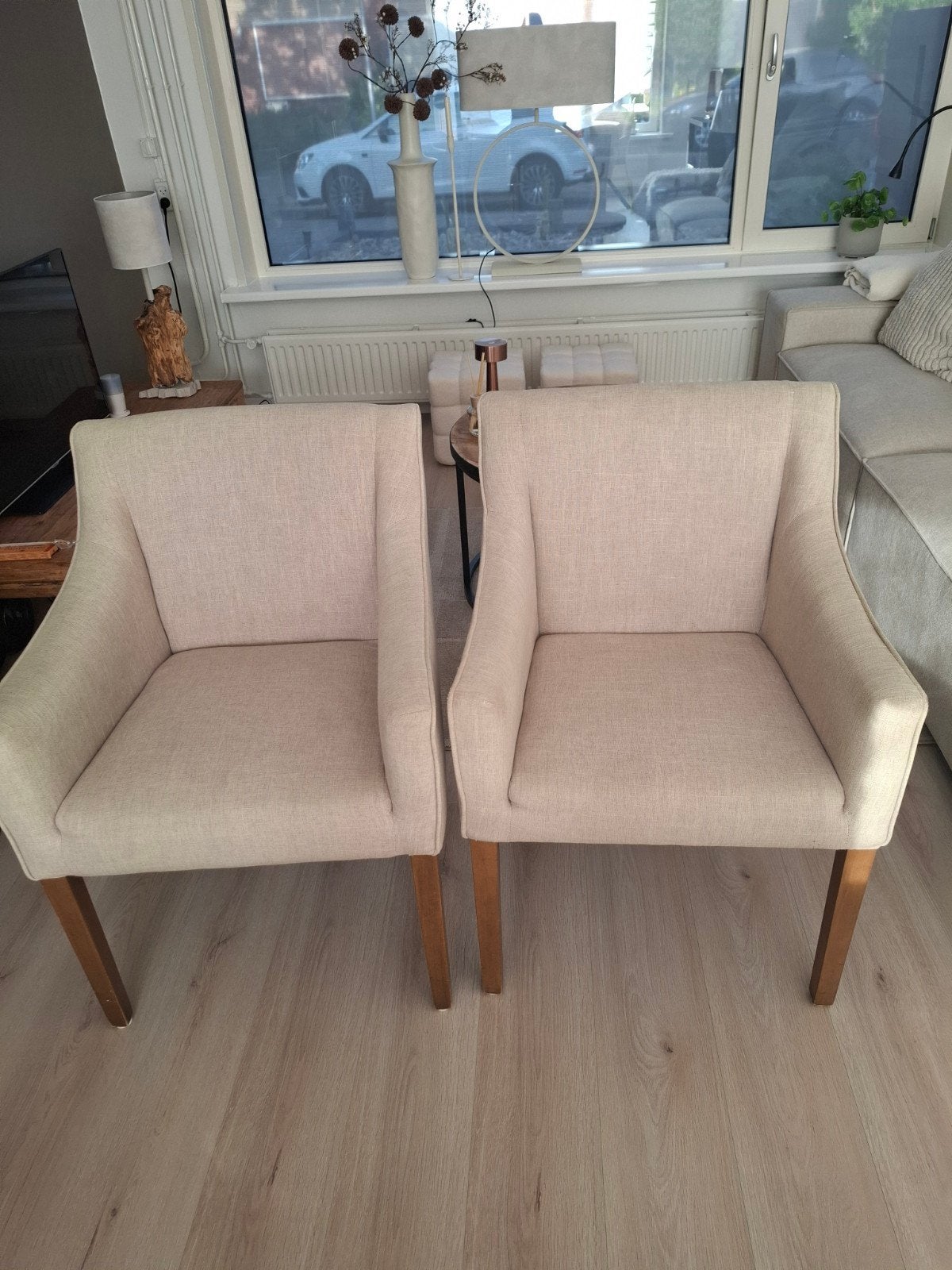 3 Riviera Maison stoelen, zandkleur, linnenstof, Gebruikt, Overige kleuren, Drie, Ophalen of Verzenden