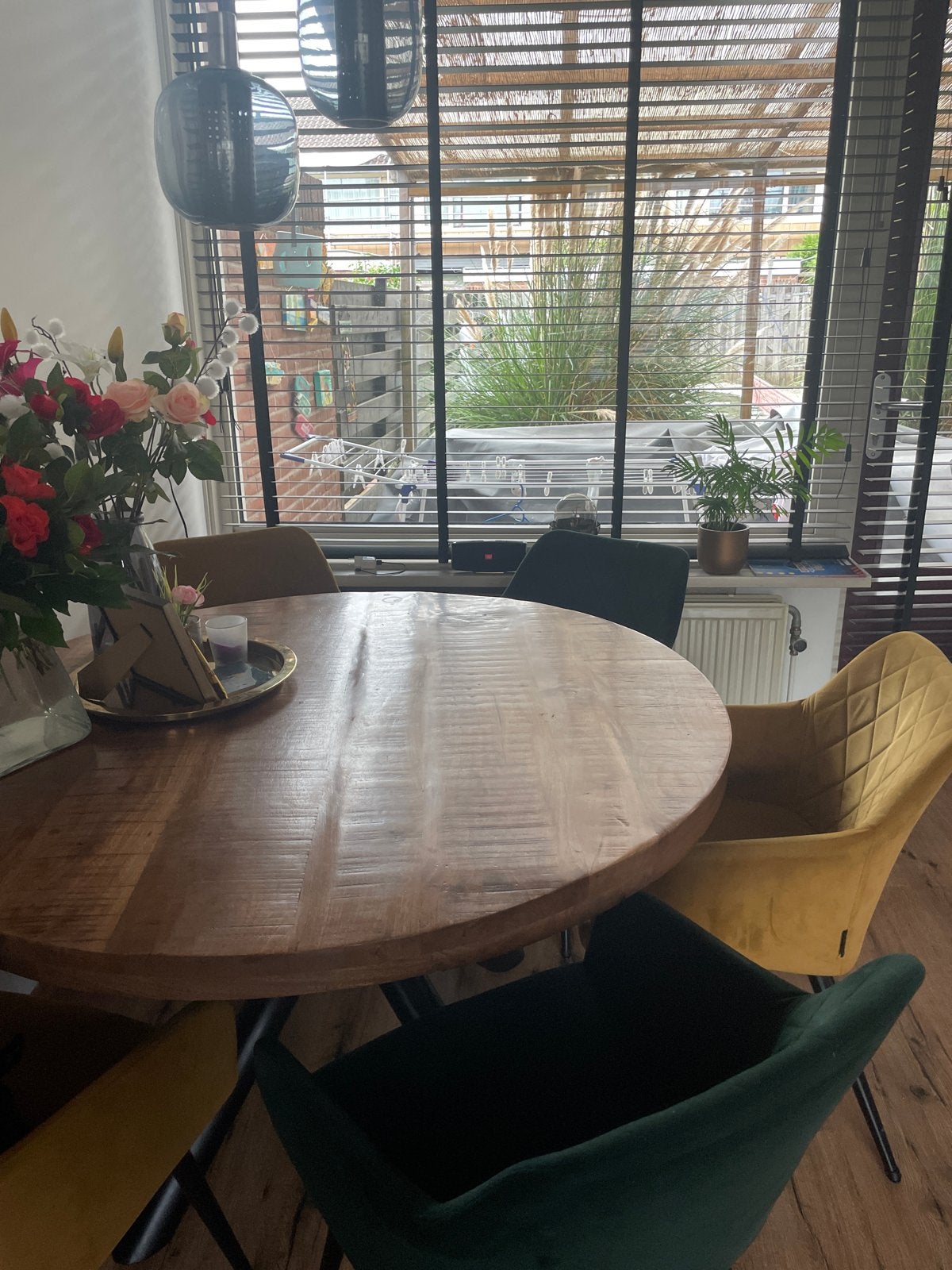 Ronde eettafel 130cm met metalen onderstel, Ophalen, Gebruikt, 100 tot 150 cm, Rond