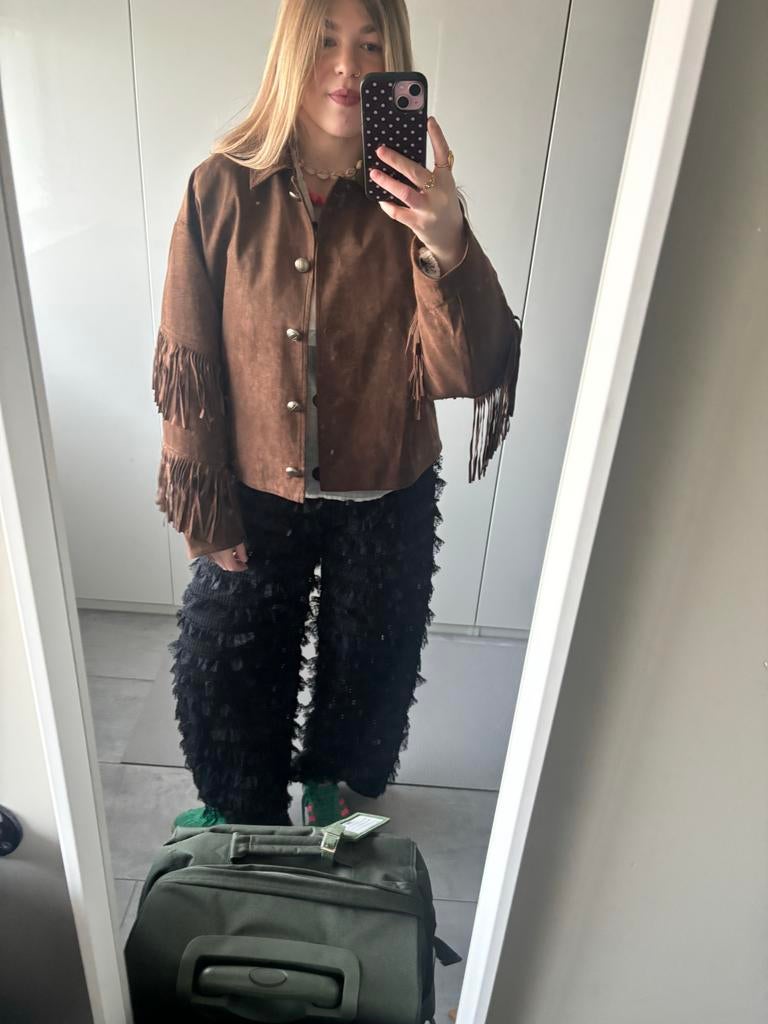 Bruine suède look jas met franjes | western / boho style, Ophalen of Verzenden, Gedragen, Maat 36 (S), Bruin