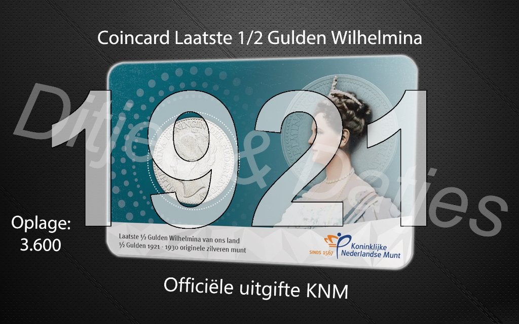Laatste halve gulden Wilhelmina in coincard KNM 1921, Ophalen of Verzenden, Koningin Wilhelmina, ½ gulden, Zilver