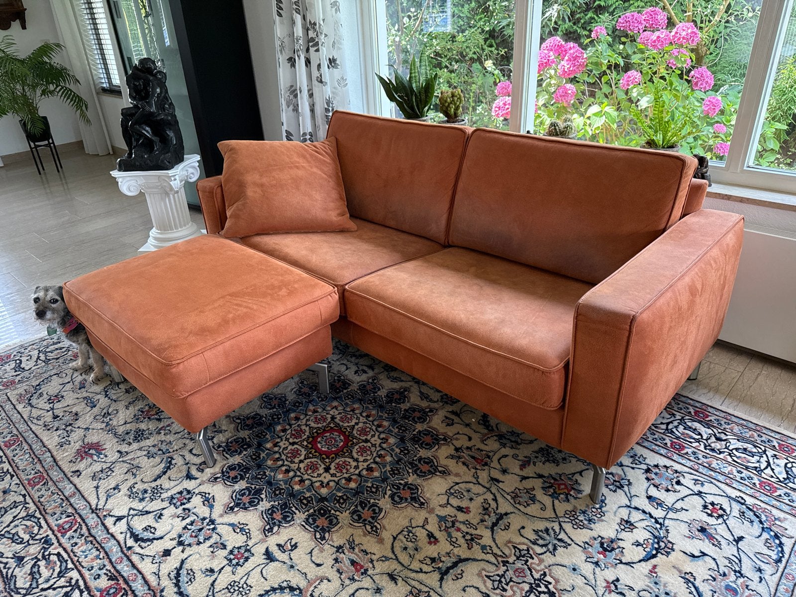 Montel bankje met hocker en bijpassend kussen., Ophalen, Gebruikt, 100 tot 125 cm, Hoekbank