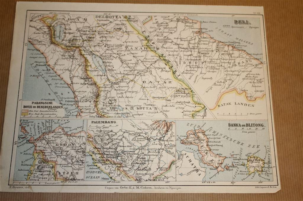 Antieke kaart - Deli, Padang, Banka, Blitong etc Bruins 1895, Gelezen, Ophalen of Verzenden, Landkaart, 1800 tot 2000