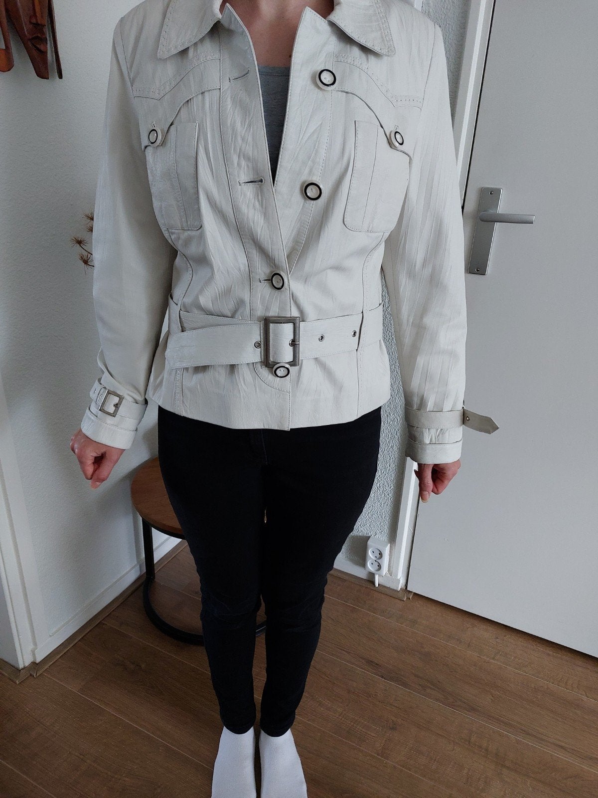 Offwhite leren dames  jasje maat 36/38, Ophalen of Verzenden, Zo goed als nieuw, Maat 36 (S), Wit