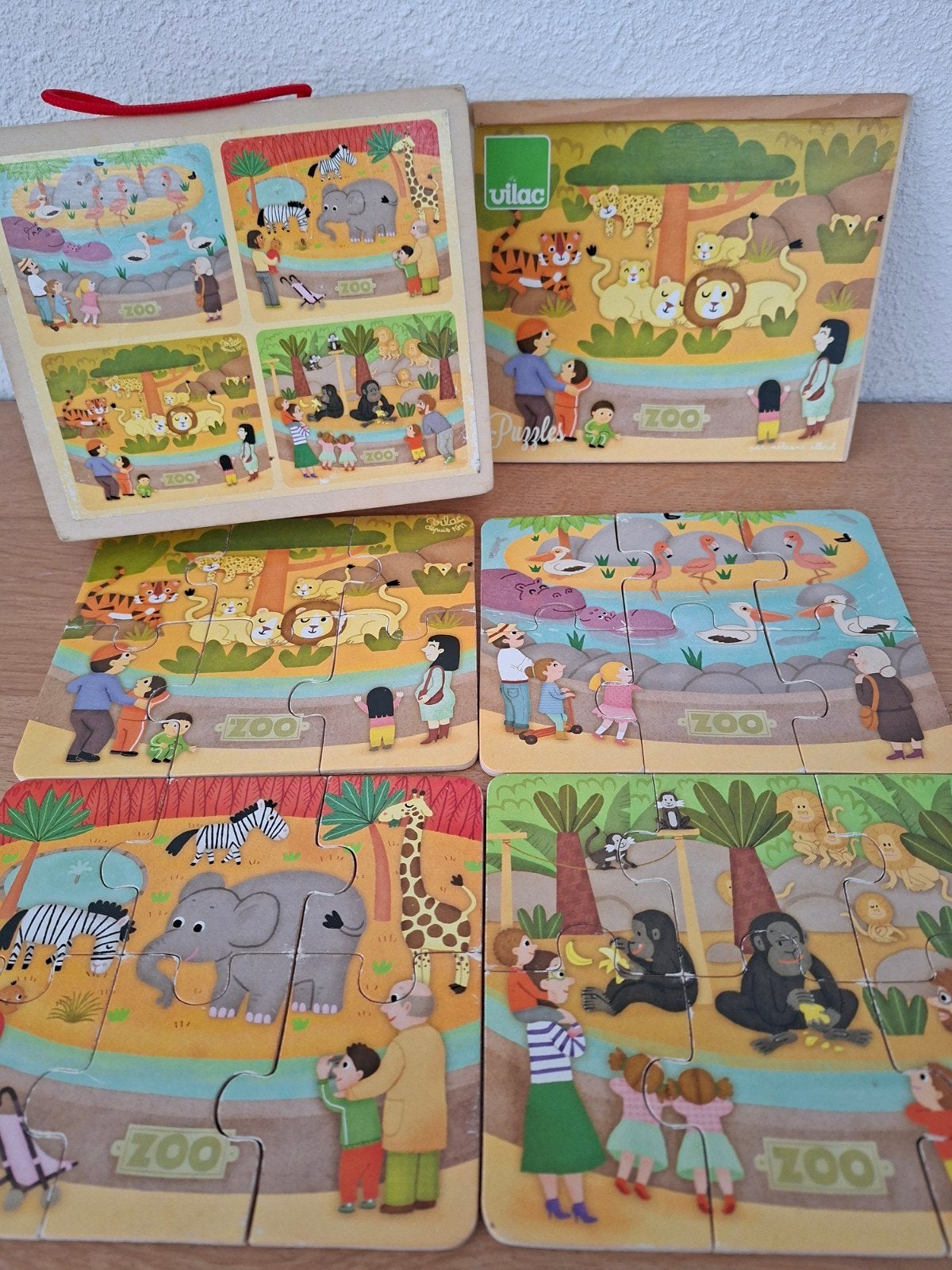 Vilac houten puzzels in koffer - 4x 6-delig, 18x15cm, Ophalen, Minder dan 10 stukjes, Zo goed als nieuw, Van hout