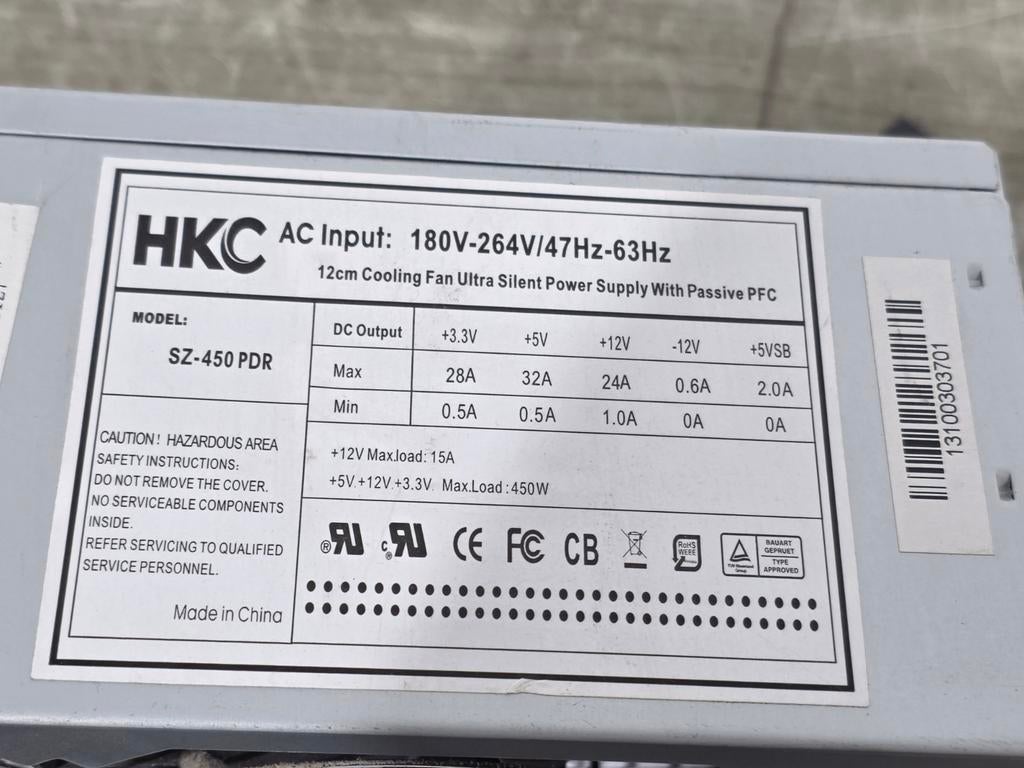 Hkc 450w max voeding psu power supply sz-450pdr, Computers en Software, Ophalen of Verzenden, Gebruikt