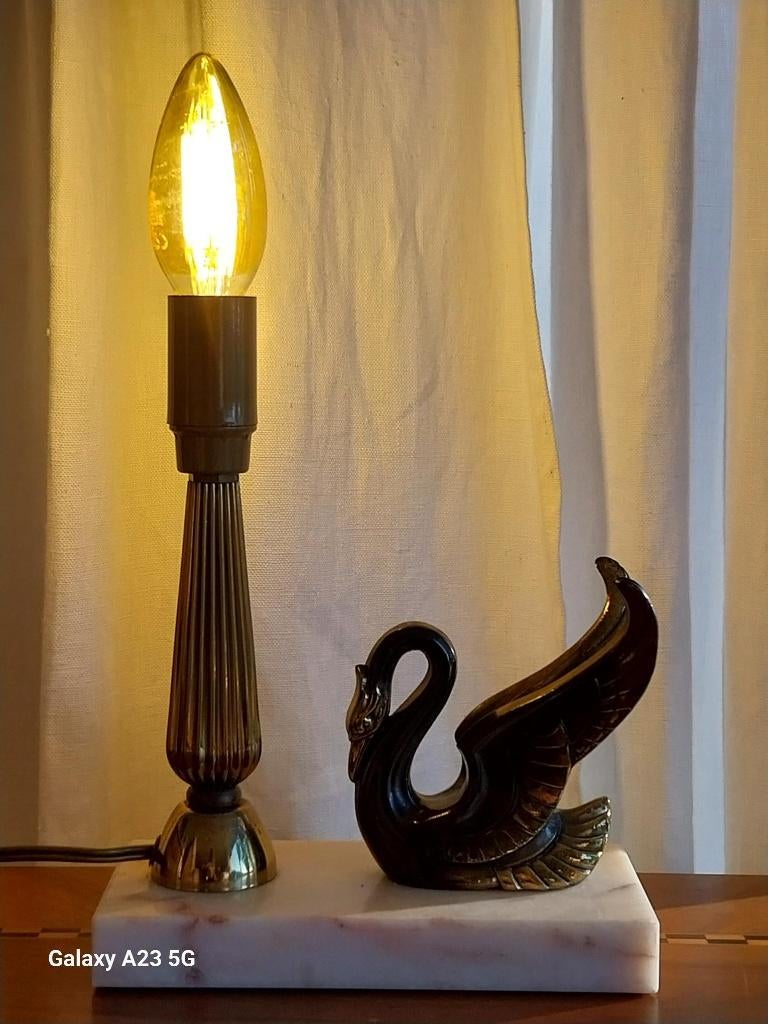 Art Deco tafellamp met zwanenbeeld – messing en marmer, Ophalen of Verzenden