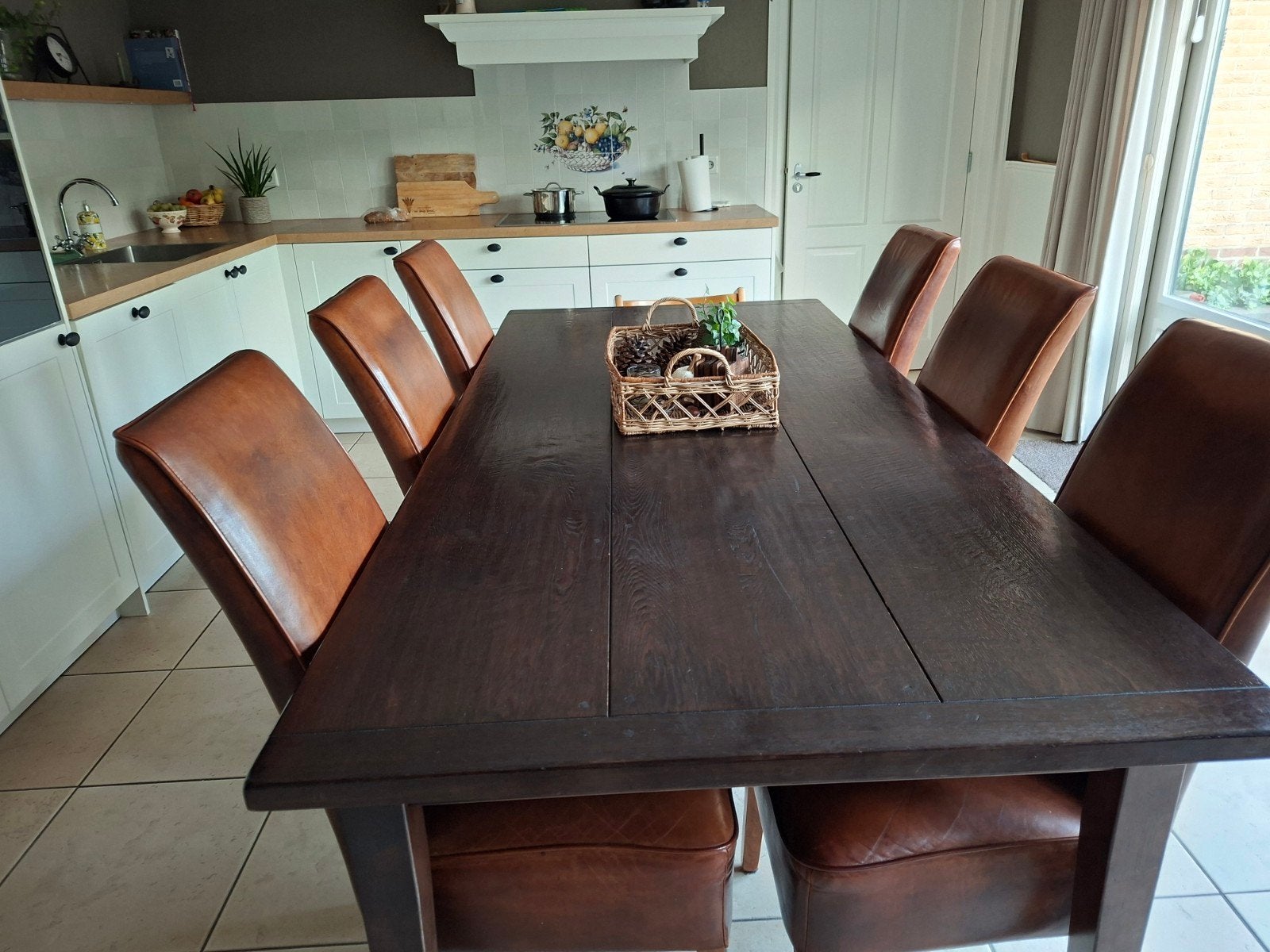 Eettafel met 6 runderleren stoelen - 200x100 cm, Ophalen, Gebruikt, 100 tot 150 cm, Klassiek