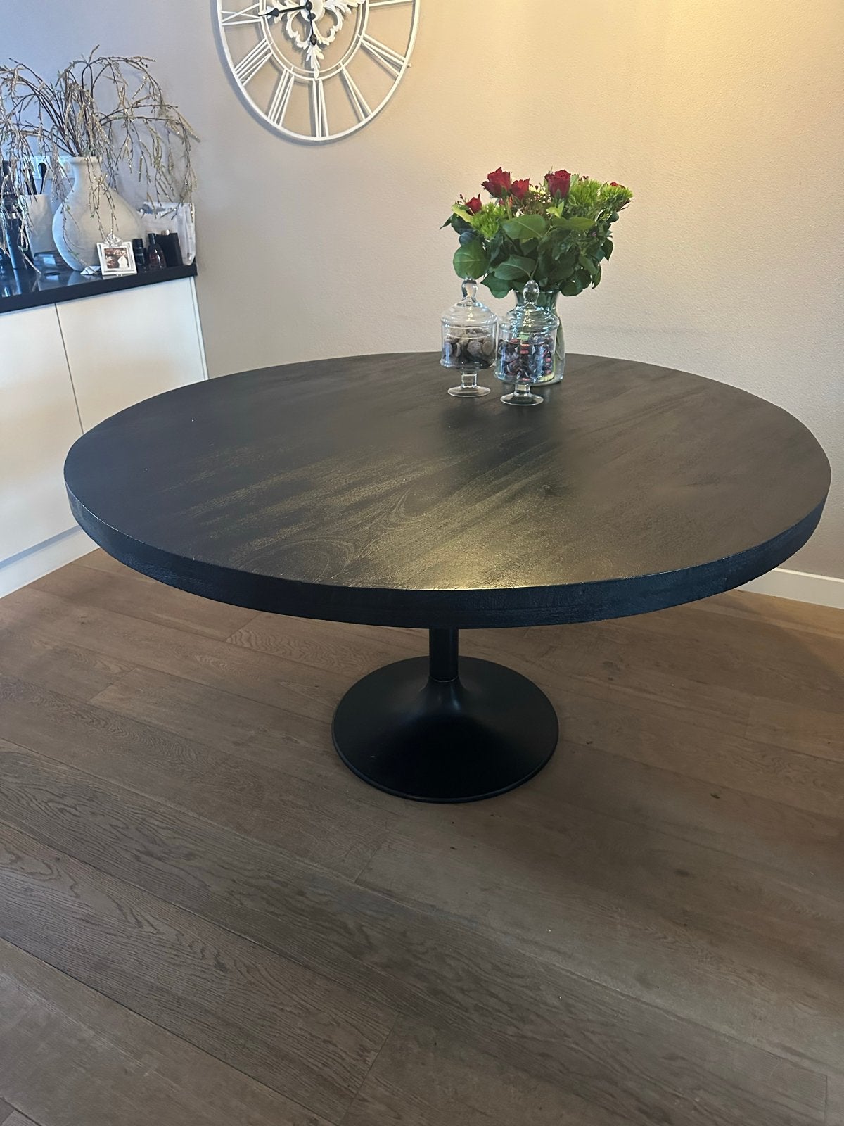 Zwarte ronde eettafel met tulpvoet, Ophalen, Gebruikt, 100 tot 150 cm, Rond