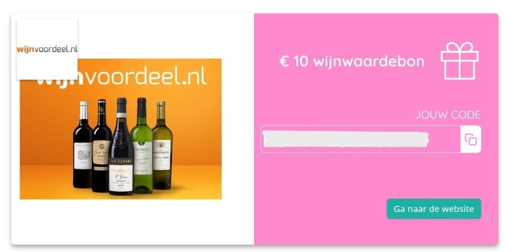 wijnvoordeel €10.- kortingscode, Tickets en Kaartjes, Eén persoon, Kortingsbon, Warenhuis- of Winkelbon