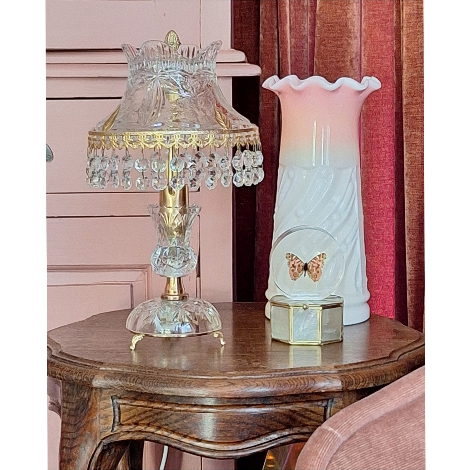 Mooie boudoir tafellamp, Ophalen of Verzenden, Glas, Met schakelaar, Vintage