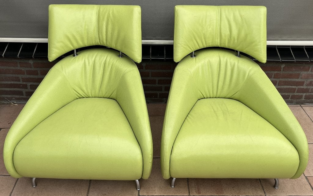 Leolux 2x Solymi fauteuil leer lime / appelgroen, Huis en Inrichting, Ophalen, Gebruikt, 75 tot 100 cm, Leer