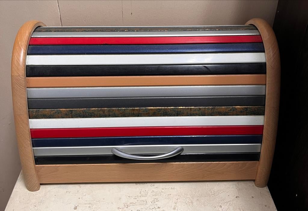 Broodtrommel met rolluik - Hout en meerkleurig metaal, Gebruikt, Hout, Ophalen of Verzenden, Overige merken