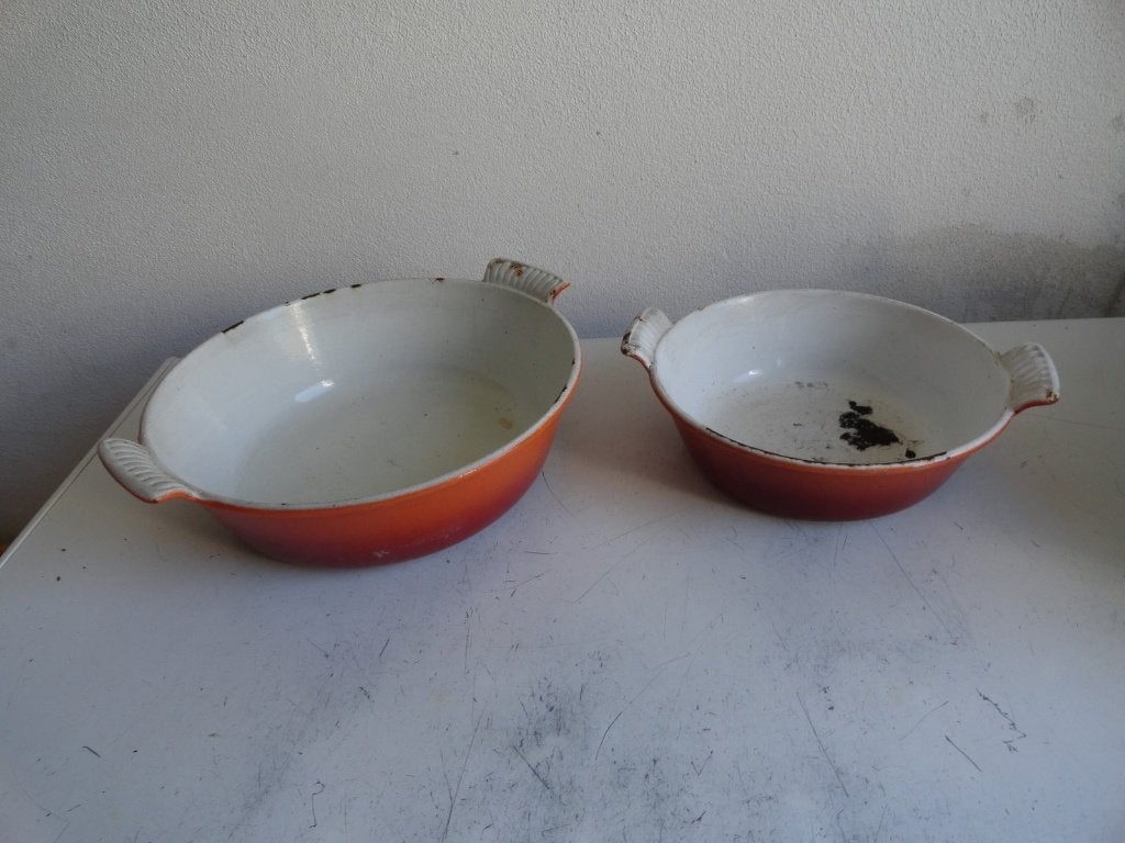 Oranje gietijzeren en emaille pannen en schalen, Ophalen of Verzenden