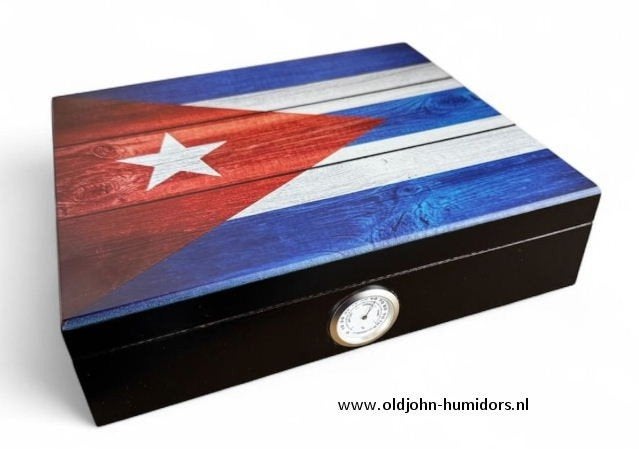 HUMIDOR HOUTSTRUCTUUR CUBA VLAG HYGOMETER BUITENZIJDE   h39H, Verzenden, Nieuw, Tabaksdoos of Verpakking
