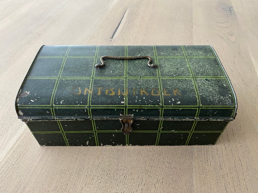 Ontbijtkoek blik groen met slotje en handvat, Ophalen of Verzenden, Gebruikt, Koek(jes), Overige merken