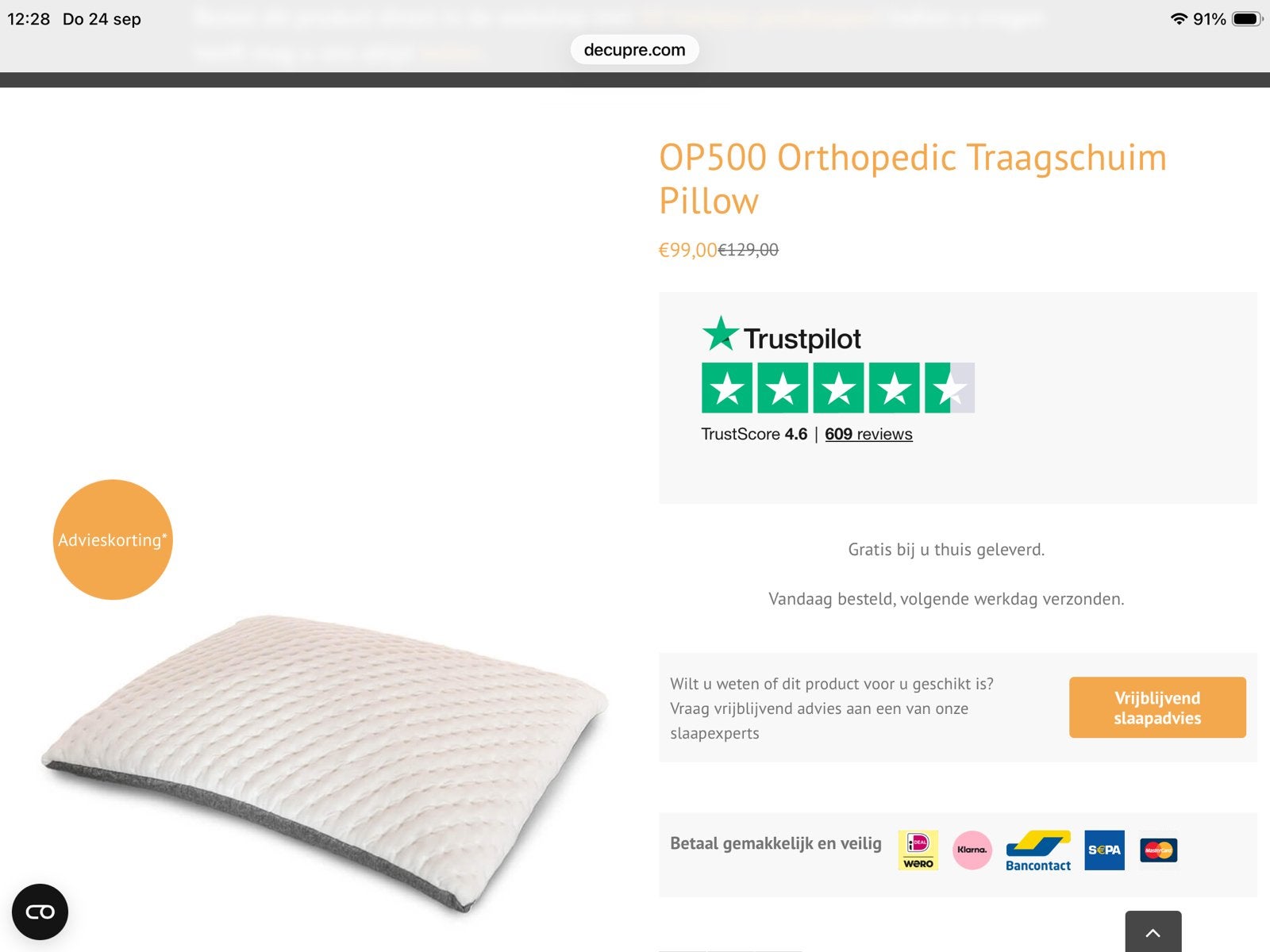 Decupre OP500 Orthopedisch Traagschuim Kussen, Anti-allergisch, Schuim, Ophalen of Verzenden, Zo goed als nieuw