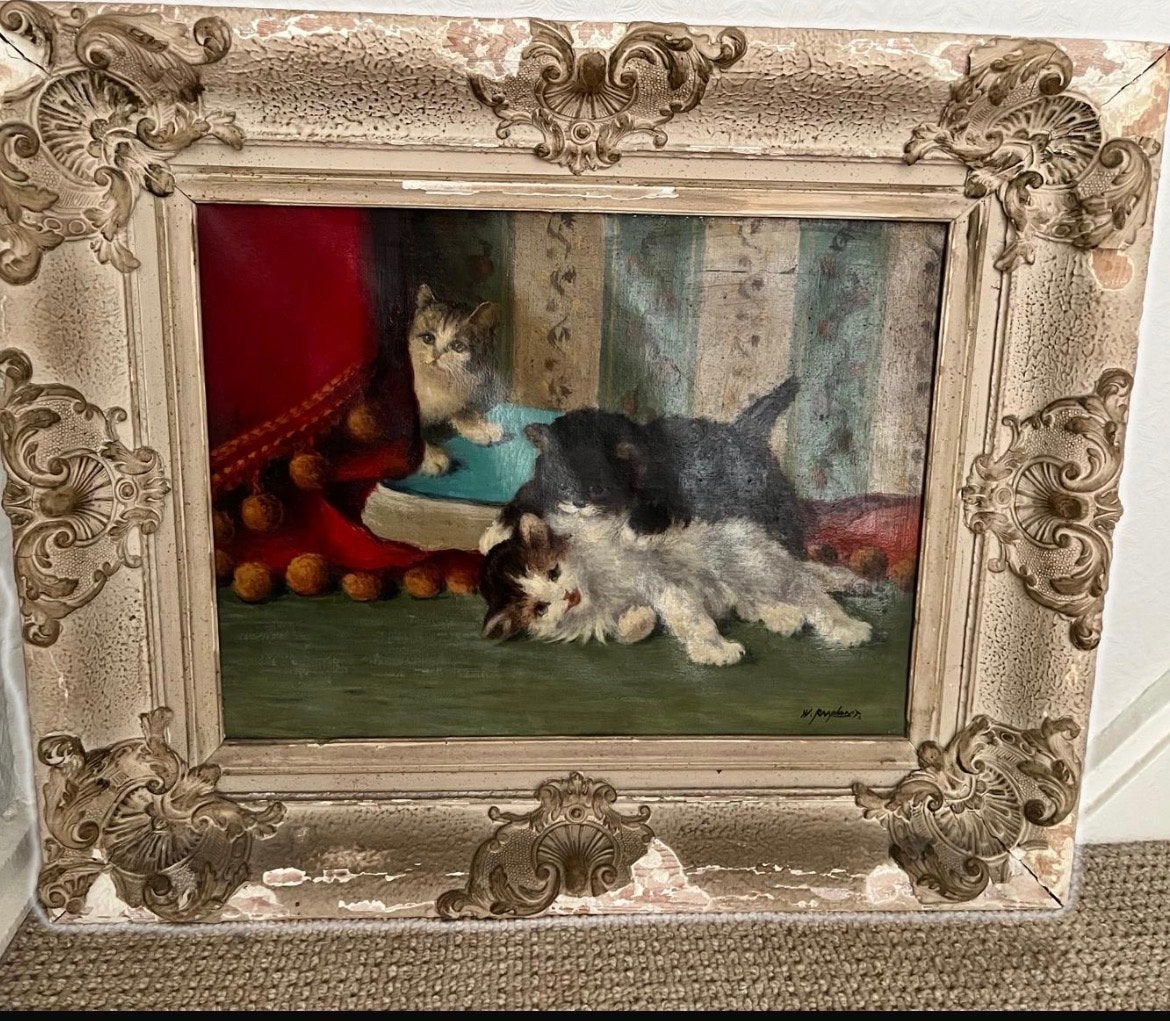 Schilderij met drie speelse kittens, gesigneerd W. RAAPHORST, Antiek en Kunst, Kunst | Schilderijen | Klassiek, Ophalen, Doek