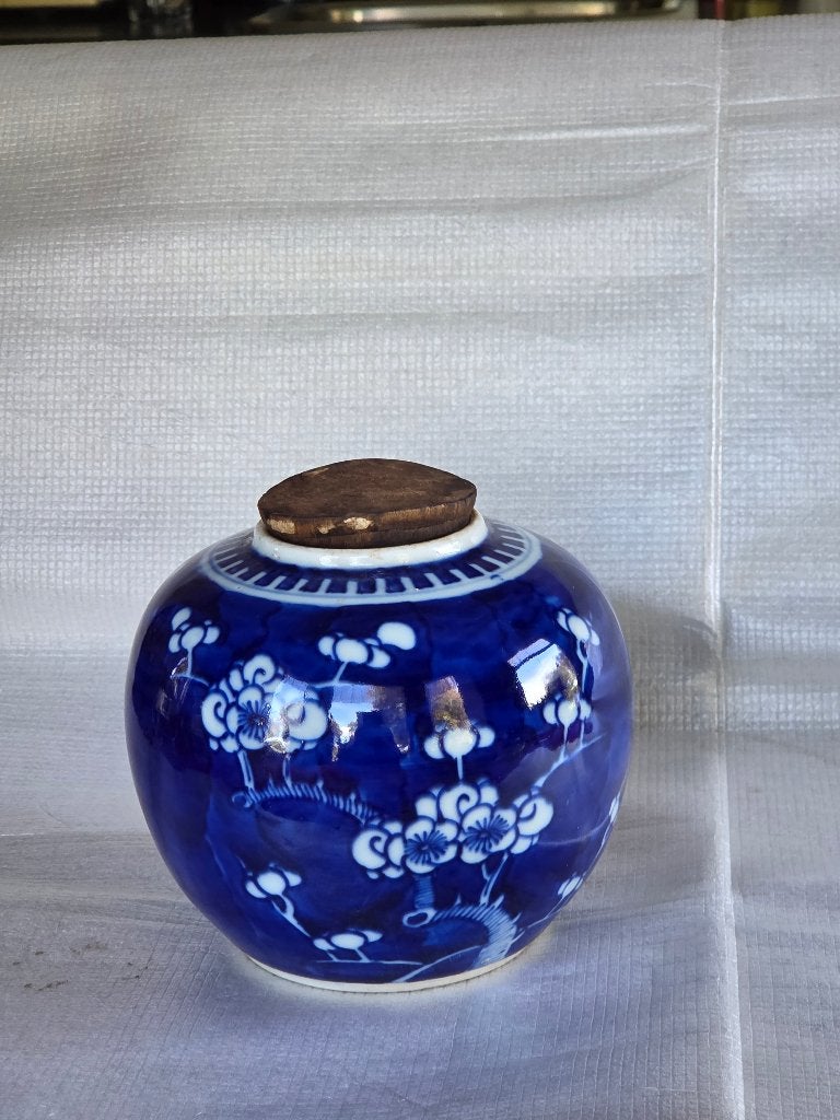 vintage Chinese gemberpot blauw/wit met kurken stop, Ophalen