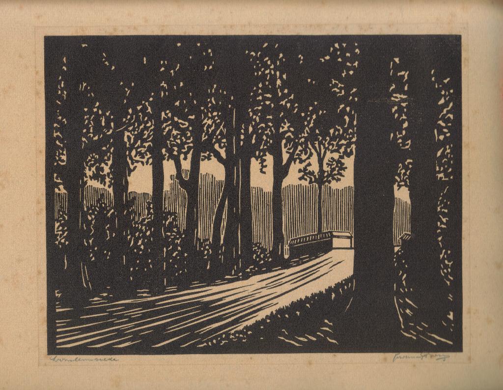 Frans Bosen linosnede "Bosweg naar de Uitgang", gesigneerd, Ophalen, Origineel, Overige technieken, Landschap