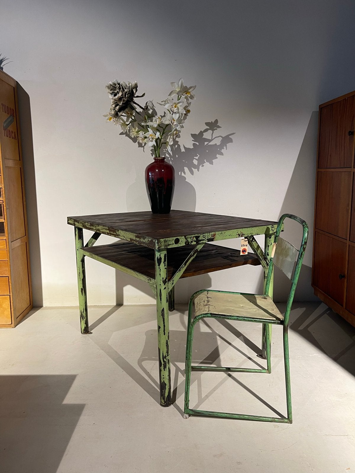 Industriële tafel met stoel - Groen metaal & Hout, Ophalen, Gebruikt, Geen, 50 tot 100 cm