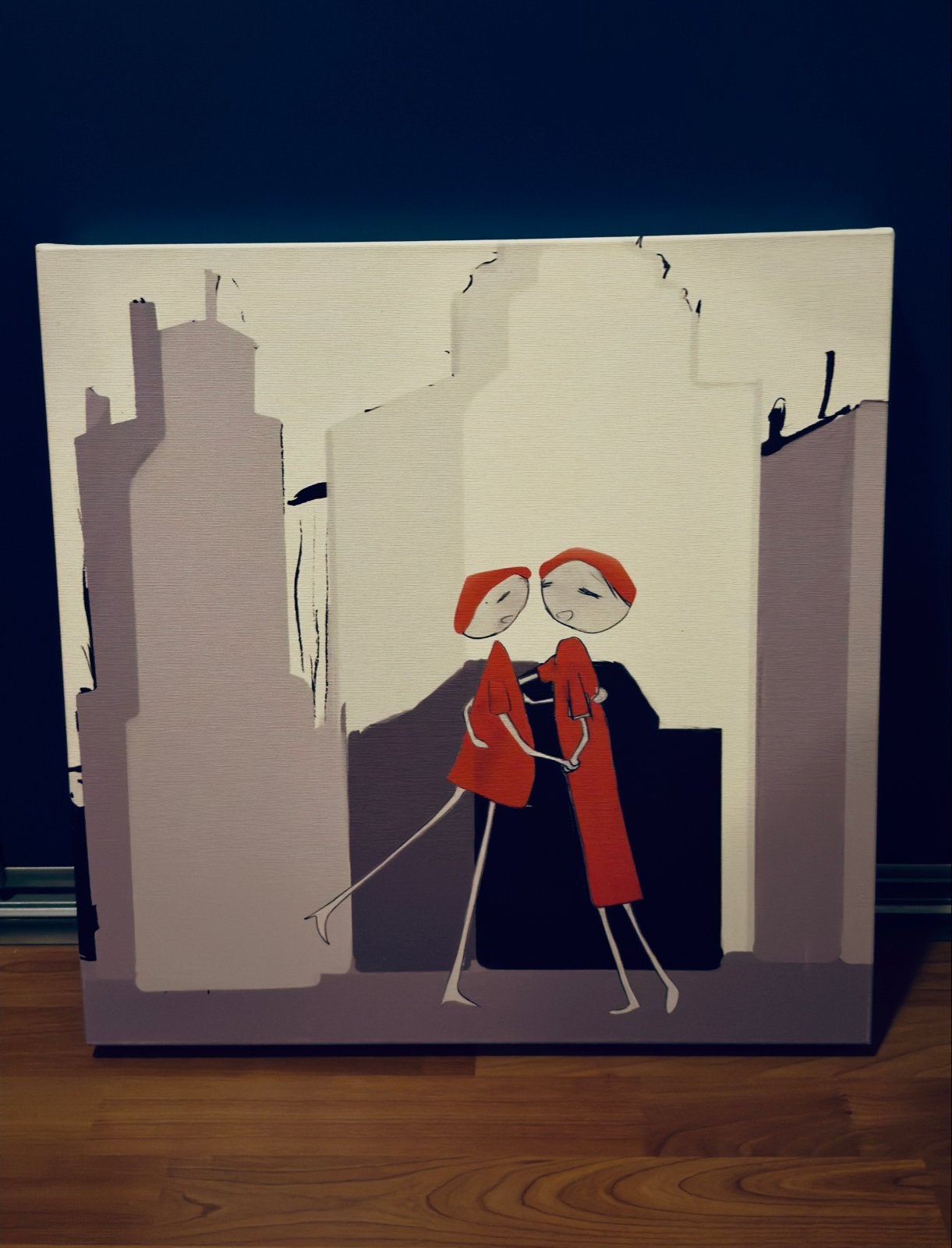 Modern schilderij: Twee figuren in stadsgezicht, Ophalen, Op houten frame, Textiel, Figuren