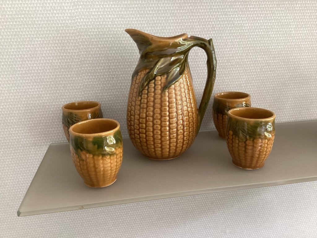 Vintage set Majolica, maïskolven en bladeren, kan + 6 bekers, Ophalen of Verzenden