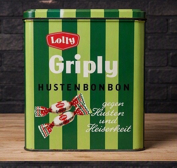 Vintage grote Lolly Griply HUSTENBONBON Voorraadblik, Verzamelen, Blikken, Ophalen of Verzenden