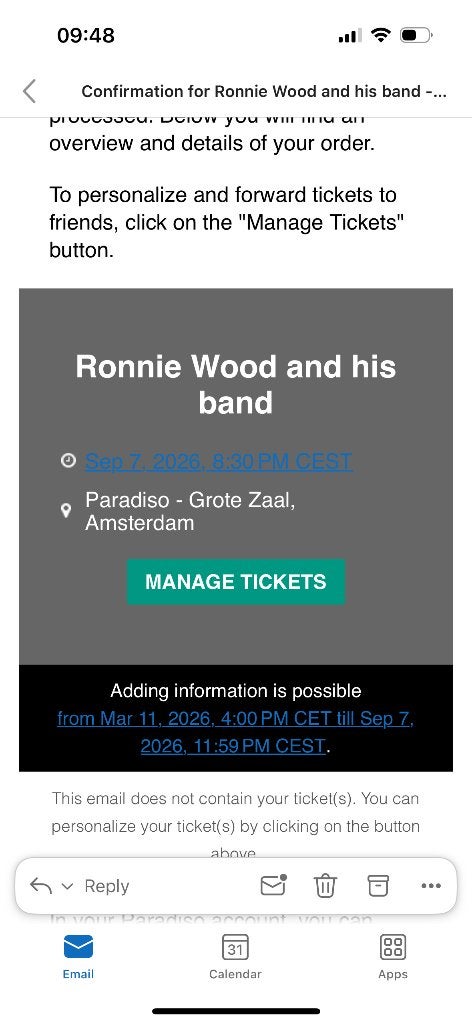 2 x Ronnie Wood Paradiso 7 september, Tickets en Kaartjes, Twee personen, September