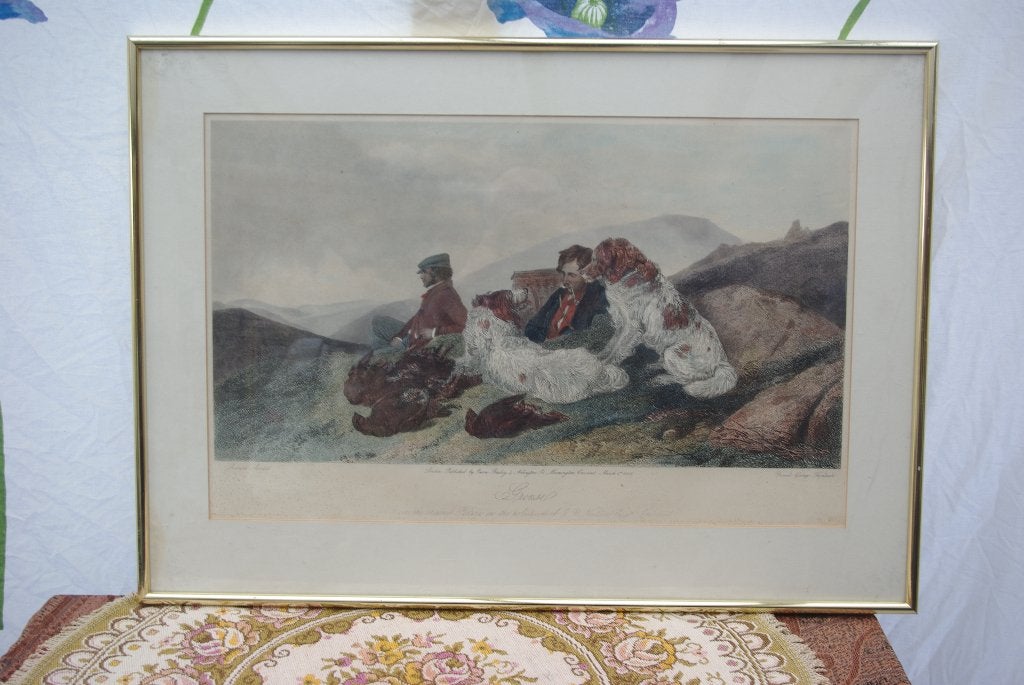Antieke jachtscène prent met honden en jagers, Antiek en Kunst, Ingelijst, Ophalen of Verzenden, Gravure, Flora en Fauna