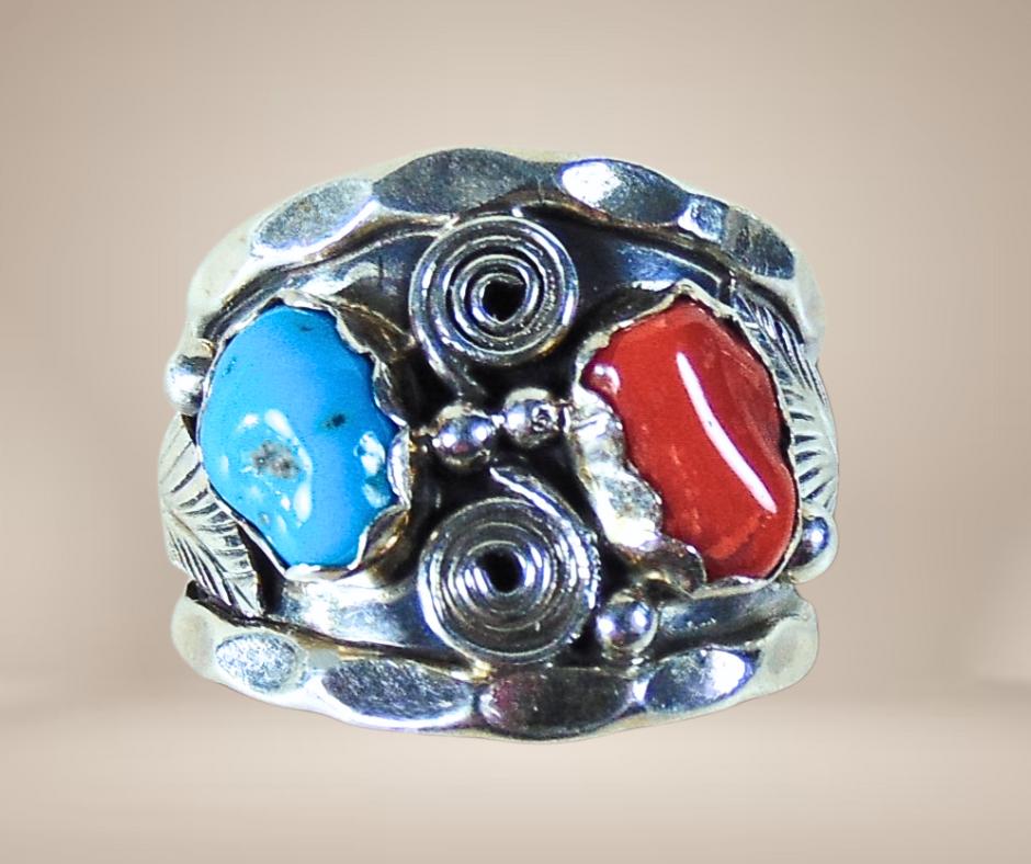 Prachtige zilveren NAVAJO ring turquoise koraal Maat 18/18,5, 18 tot 19, Verzenden, Zo goed als nieuw, X