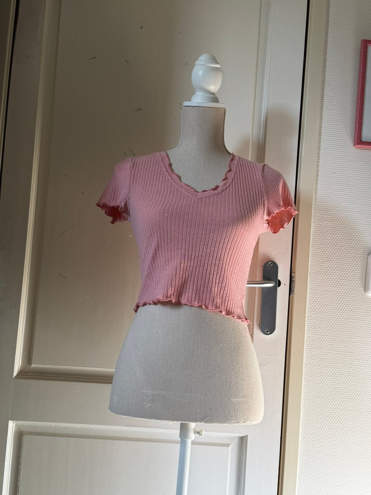 Roze geribbelde croptop van SHEIN, maat S, Ophalen of Verzenden, Zo goed als nieuw, Korte mouw, Roze