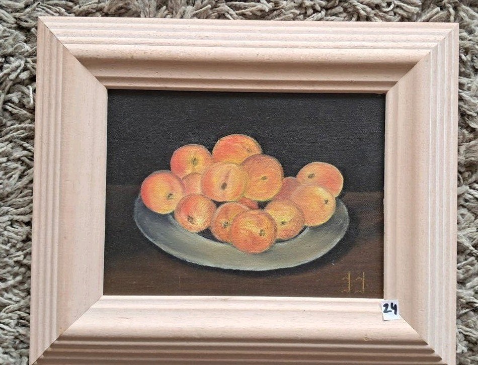 24. Stilleven met perziken - Olieverf op doek, ingelijst, Antiek en Kunst, Doek, Realistisch, Stilleven, Ophalen of Verzenden