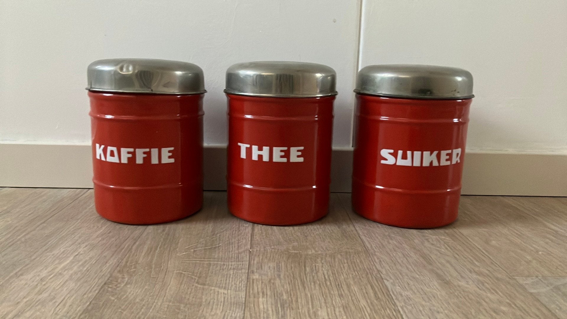 Koffie thee suiker emaille bussen, rood, Ophalen