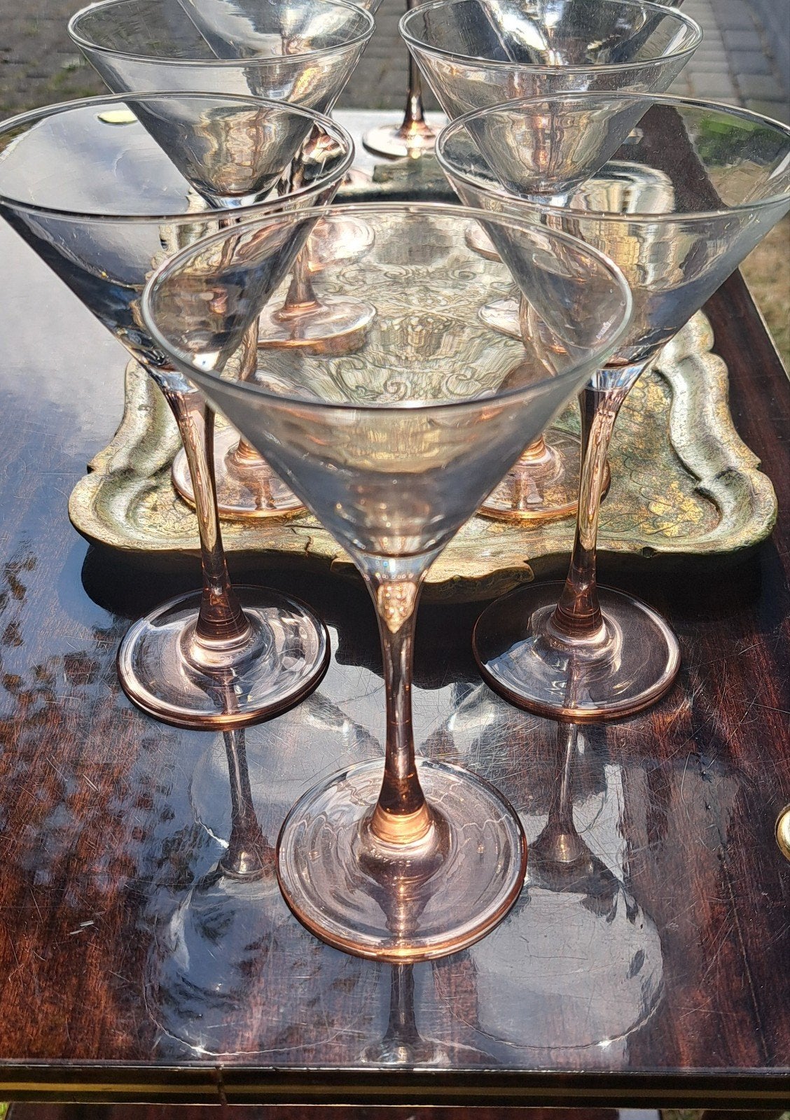 12 vintage Martini glazen zalmkleurige voet, Ophalen of Verzenden