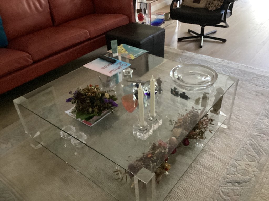 Glazen salontafel 90x90x39, Huis en Inrichting, Tafels | Salontafels, Ophalen, Gebruikt, 50 tot 100 cm, Vierkant