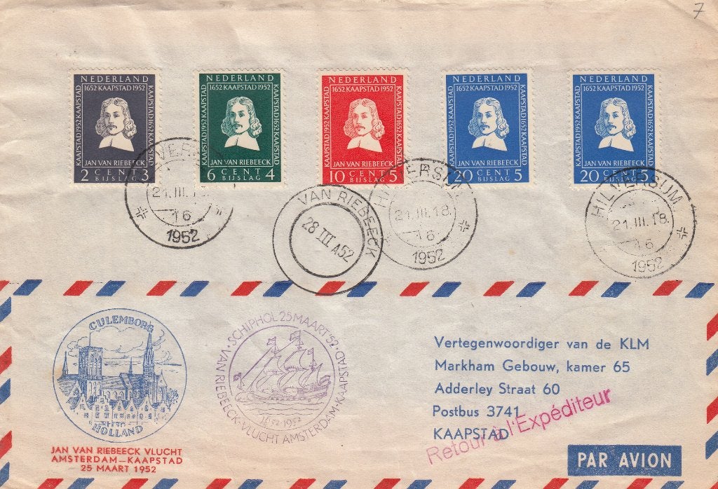 Envelop - 1952- Luchtvaart- Jan van Riebeeck Vlucht Kaapstad, Postzegels en Munten, Verzenden, Envelop