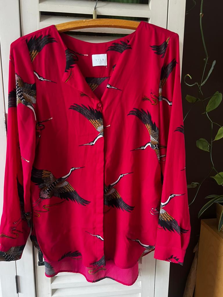 Rode blouse met vogels, Ophalen of Verzenden, Zo goed als nieuw, Rood