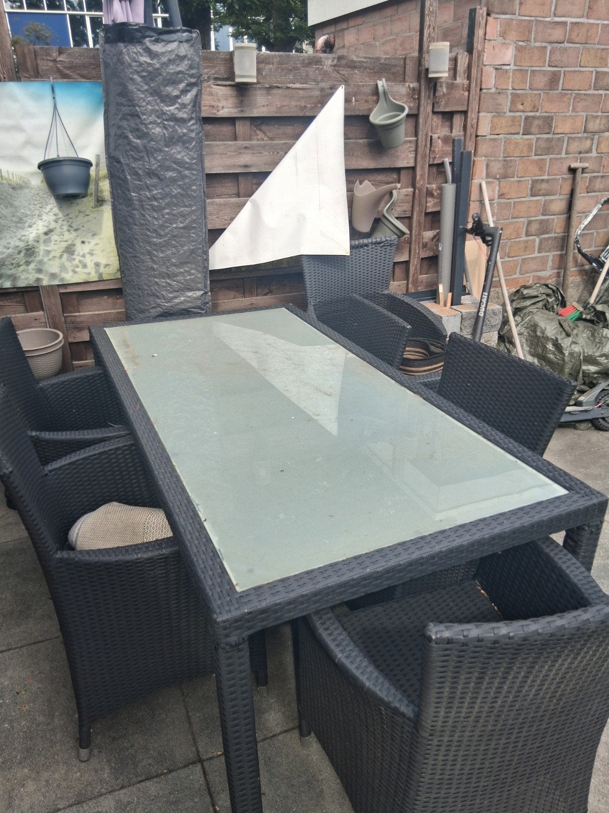 Wicker tuinset met glazen tafel en 6stoelen, Ophalen of Verzenden