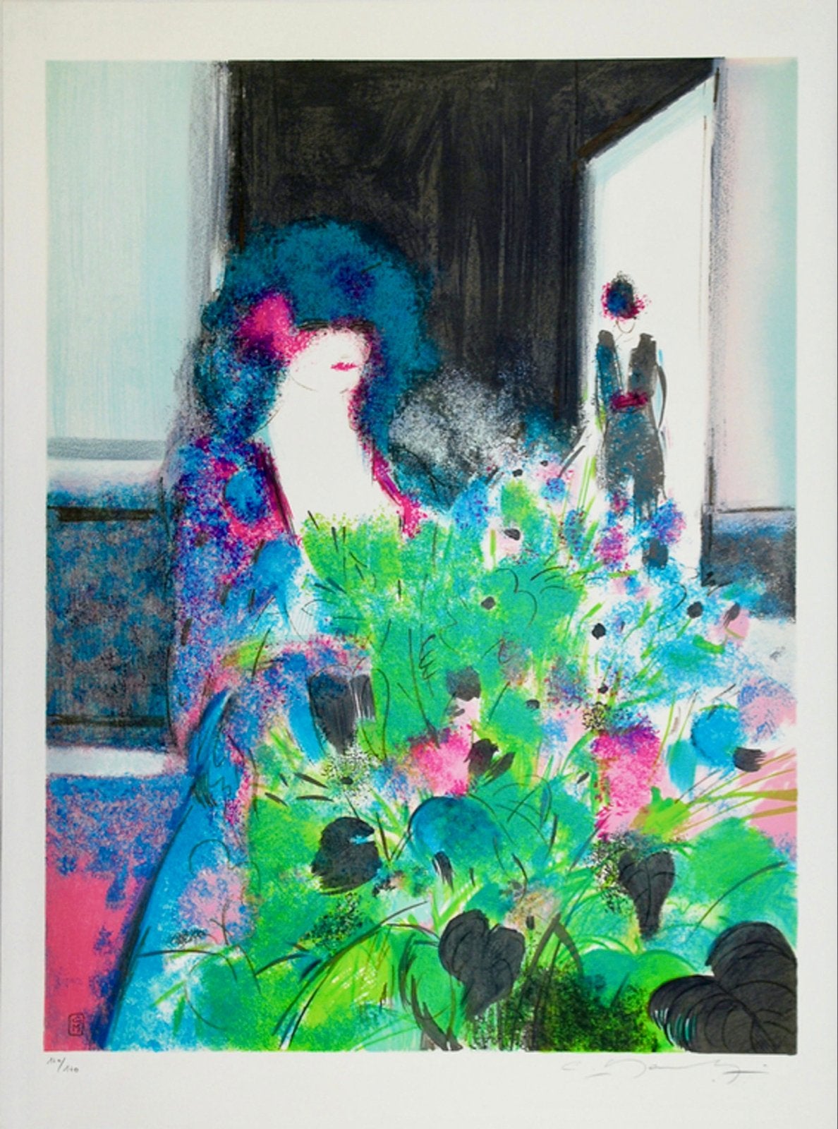 Zeefdruk: ‘Femme et fleurs‘, Claude Manoukian , 54/180, Antiek en Kunst, Kunst | Litho's en Zeefdrukken, Gelimiteerde oplage, Ophalen of Verzenden