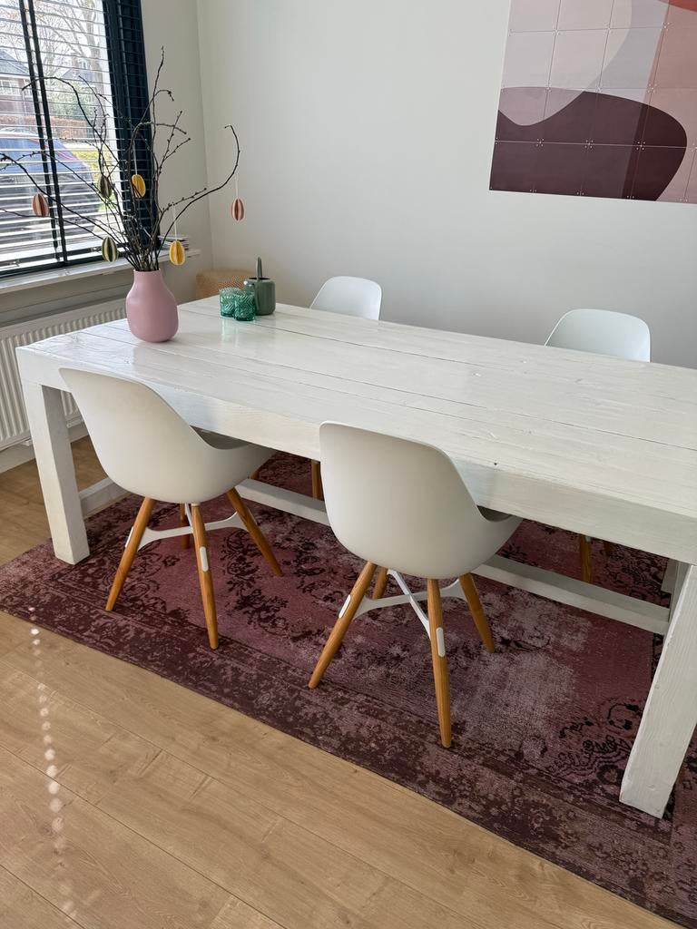 Witte houten eettafel met 4 witte kubikoff stoelen, Ophalen, Gebruikt, 50 tot 100 cm, 150 tot 200 cm